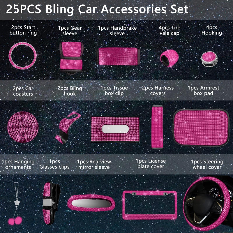 JINGSEN 25PCS Bling Car Parts Set  Car Parts Set Female Plug Universal 15 Inch  Shiny License Plate Frame  Center Console Cover and Rearview Mirror Set and Other Car Accessories(Rose Pink) - Image 2